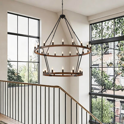 Large solid wood wagon wheel chandelier, 2-tier ring with 32 candle bulbs, black metal frame on Tampa Home & Garden Store