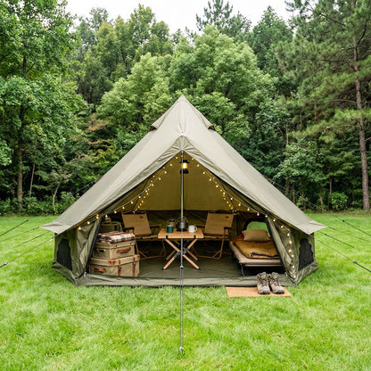 4 Season Bell Tent 13.1FT beige canvas by HouseOfZazla with string lights and interior seating on Tampa Home & Garden Store