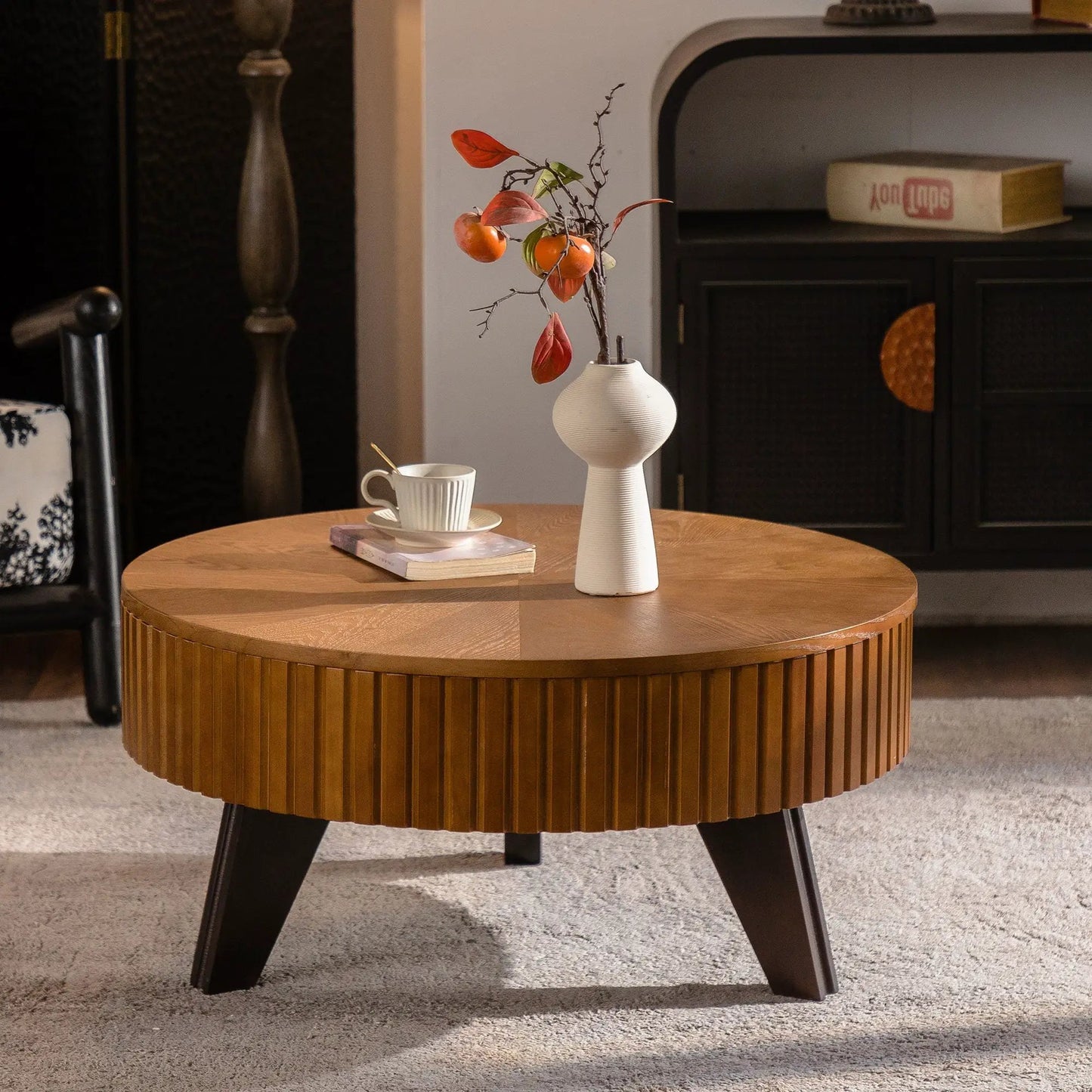 Round Retro Coffee Table with Solid Wood Legs