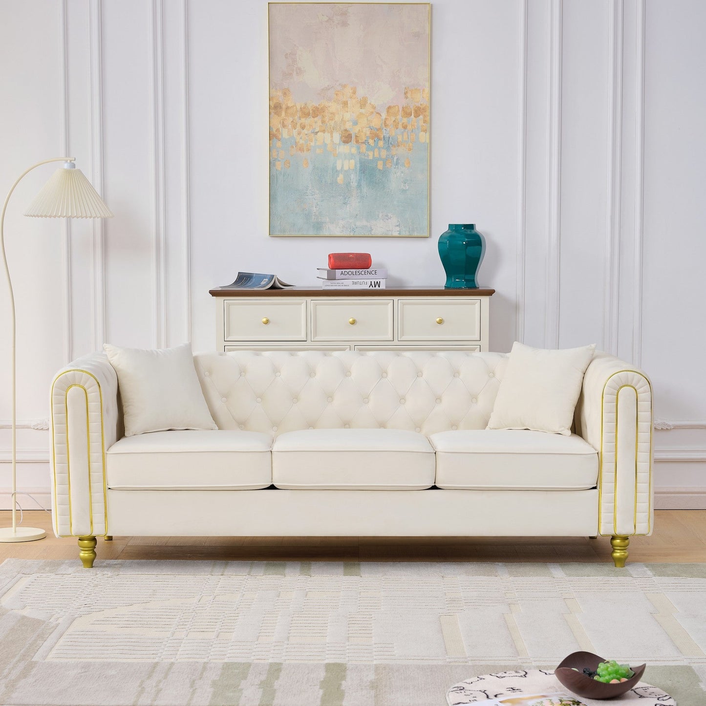 Modern 86 Inch Tufted Velvet And Gold Sofa