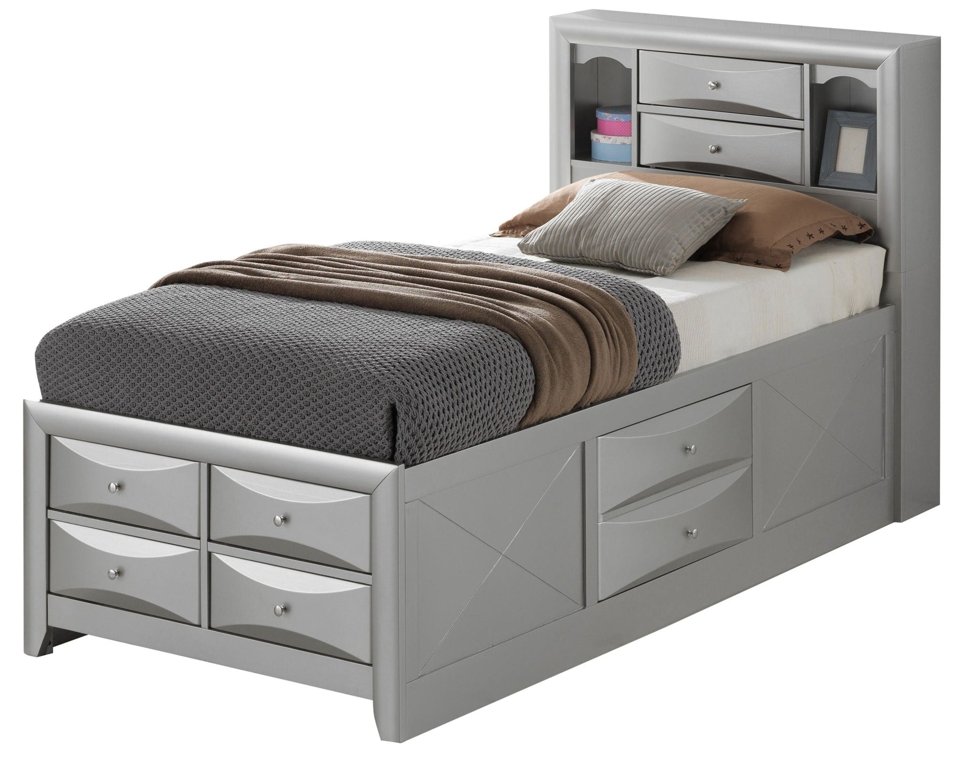 Modern gray storage bed with bookcase headboard and built-in drawers on Tampa Home & Garden Store