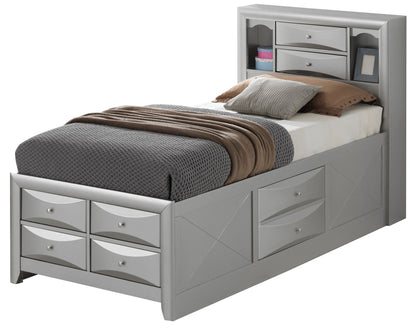 Modern gray storage bed with bookcase headboard and built-in drawers on Tampa Home & Garden Store