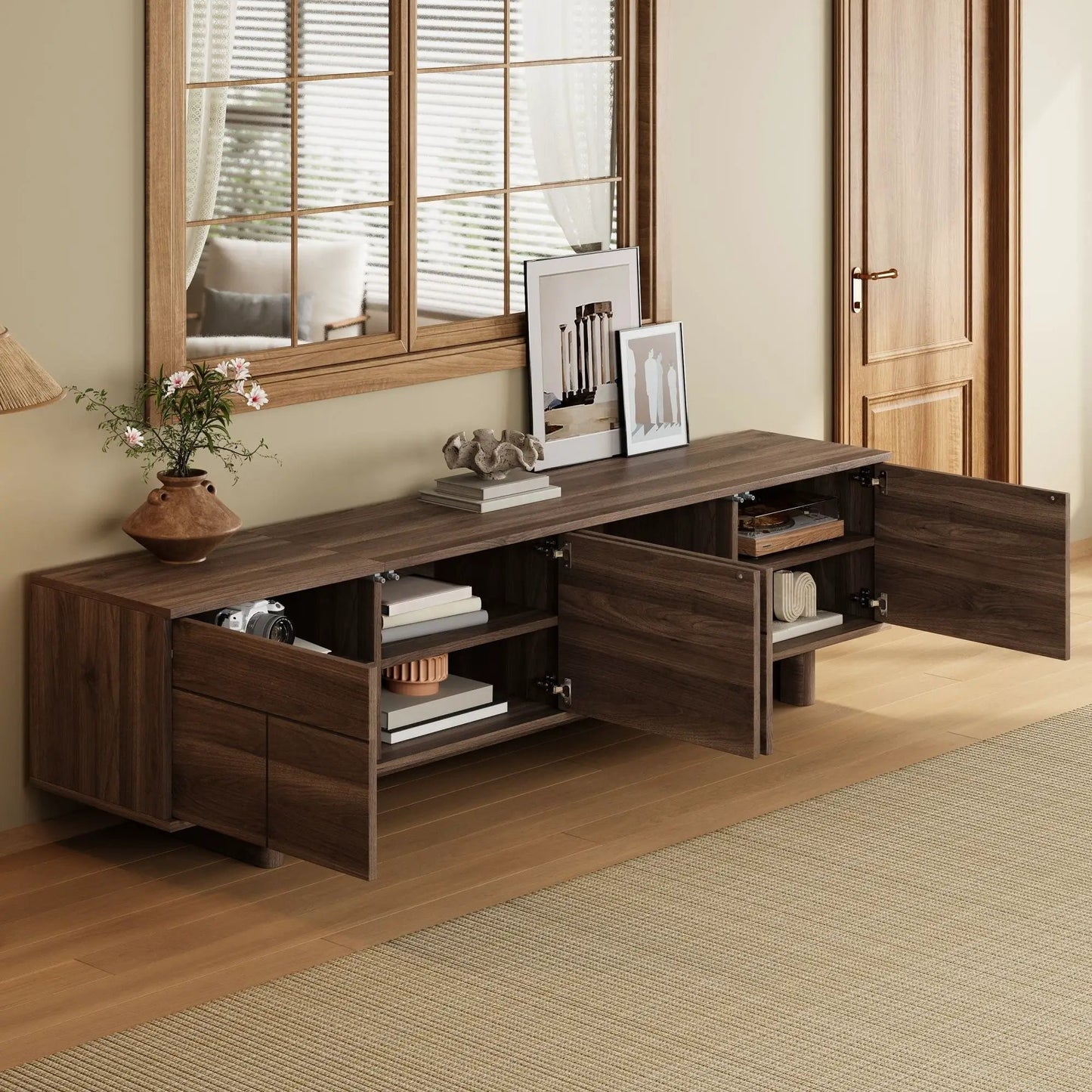 TV Stand for TVs up to 85 in dark brown with adjustable shelves and cable management on Tampa Home & Garden Store