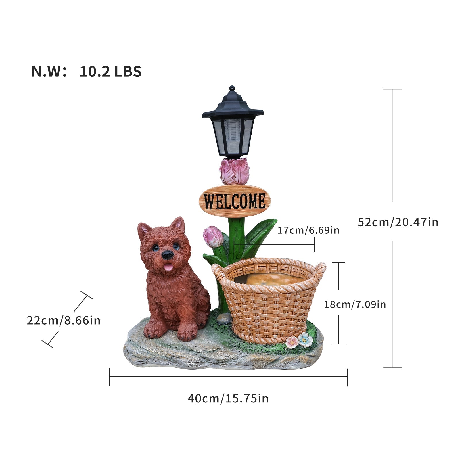 Sitting Puppy Solar Planter Outdoor Statue by HouseOfZazla with lamp post and wicker basket on Tampa Home & Garden Store