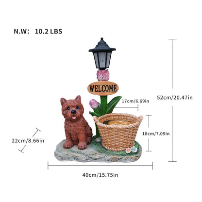 Sitting Puppy Solar Planter Outdoor Statue by HouseOfZazla with lamp post and wicker basket on Tampa Home & Garden Store