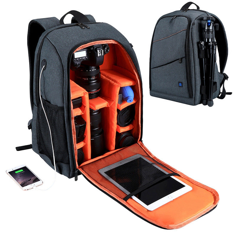 Camera backpack waterproof bag grey exterior orange padded interior gear compartments on Tampa Home & Garden Store