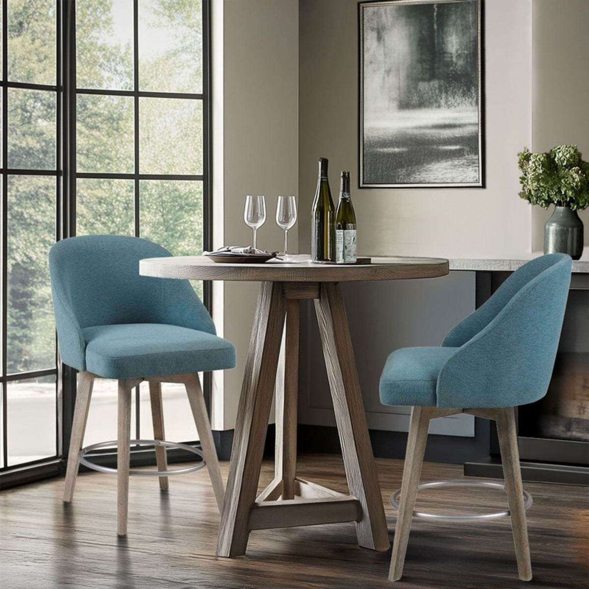 Bar stools (2) with swivel light blue upholstered and solid wood legs HouseOfZazla (24-27) on Tampa Home & Garden Store