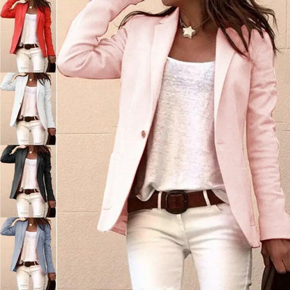 Candy-colored long-sleeved blazer set in pink with white top and beige belt on Tampa Home & Garden Store