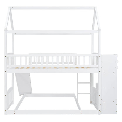 House Bunk Bed With Slide, white wooden bunk bed with built-in slide and ladder on Tampa Home & Garden Store