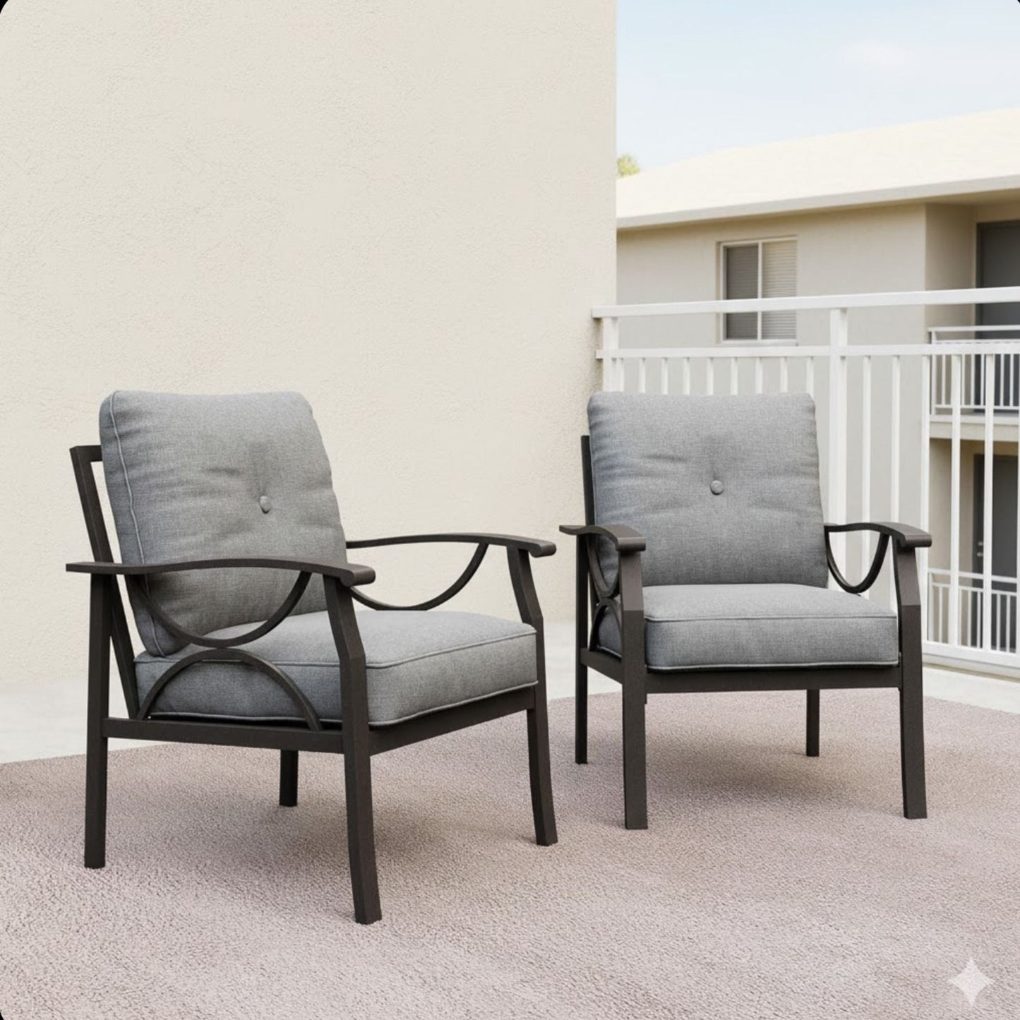 All Weather Armchairs with Cushions Set of 2, gray cushions, sculptural metal frames on Tampa Home & Garden Store