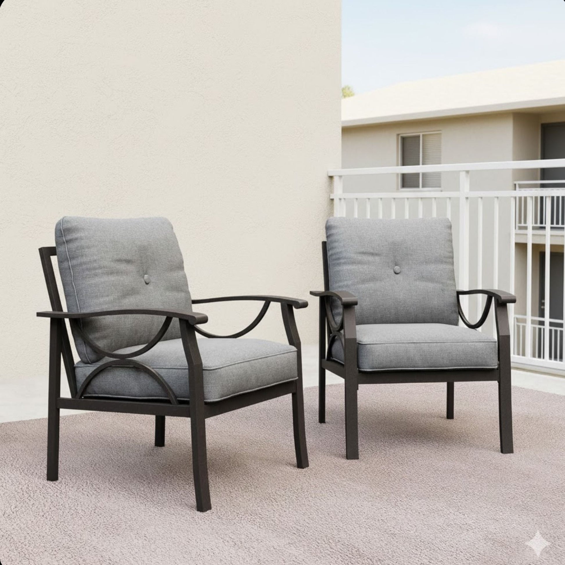 All Weather Armchairs with Cushions Set of 2, gray cushions, sculptural metal frames on Tampa Home & Garden Store