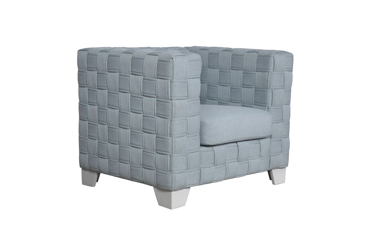 Saree Chenille Chair light blue woven armchair with square tufted blocks, HouseOfZazla on Tampa Home & Garden Store