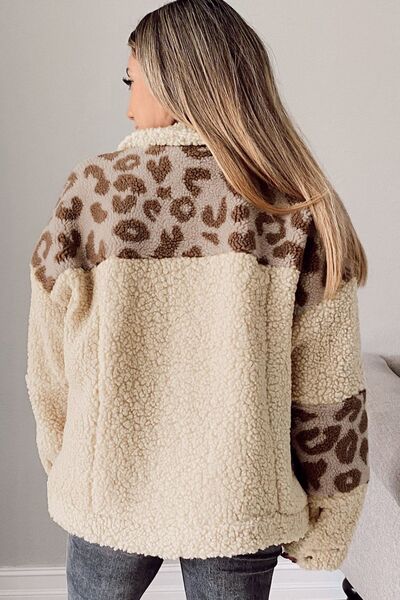 Leopard print sherpa jacket with collared neck, two-tone cream and tan fabric, pockets back view on Tampa Home & Garden Store