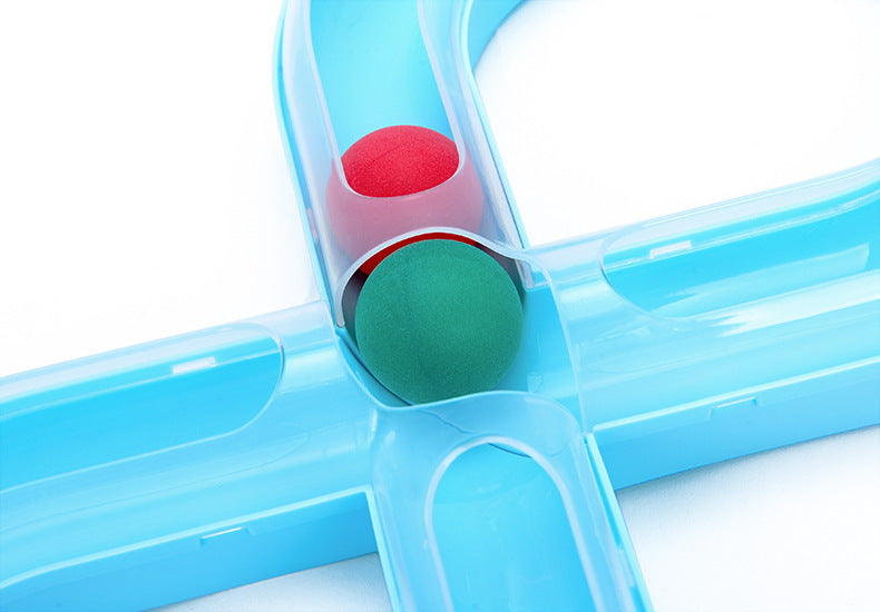 Cat toy turntable tunnel set in blue plastic with red and green balls, 2 balls on Tampa Home & Garden Store