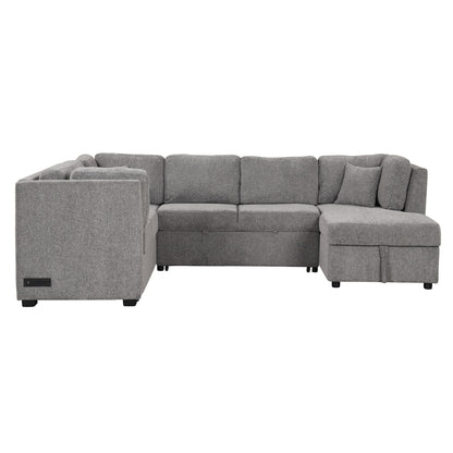 HouseOfZazla U-shaped sleeper sectional in gray fabric with storage chaise and 3 back pillows on Tampa Home & Garden Store