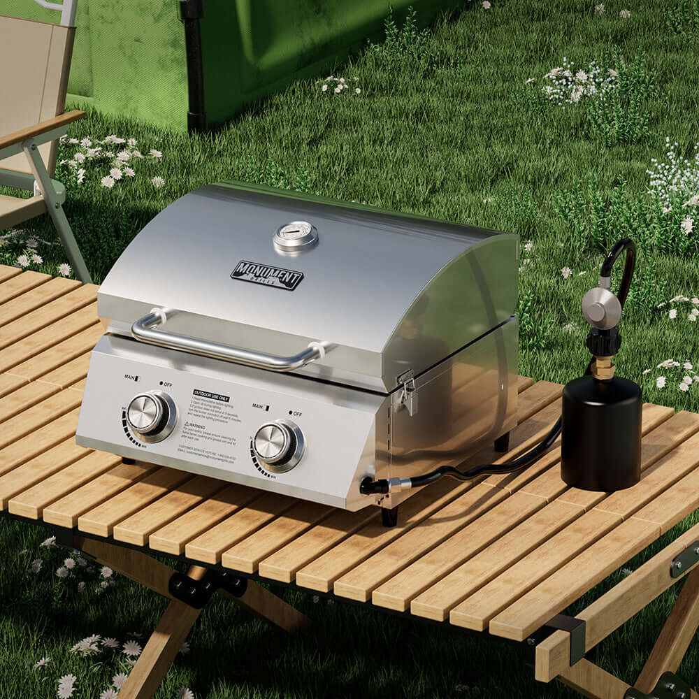 13742 Monument Grills stainless tabletop propane grill with thermometer and dual knobs on Tampa Home & Garden Store