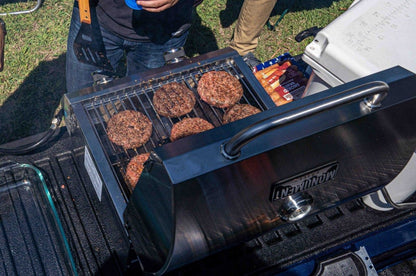Monument Grills stainless tabletop propane gas grill cooking burgers on Tampa Home & Garden Store