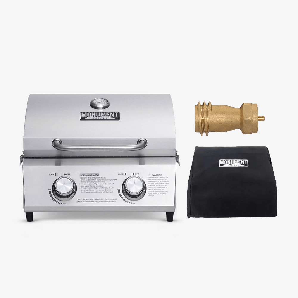 Stainless Tabletop Gas Grill 13742 by Monument Grills with brass adapter and protective cover on Tampa Home & Garden Store
