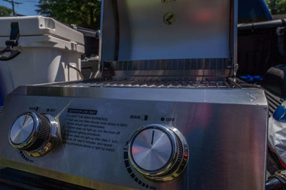Stainless steel tabletop propane gas grill Monument Grills with dual control knobs on Tampa Home & Garden Store