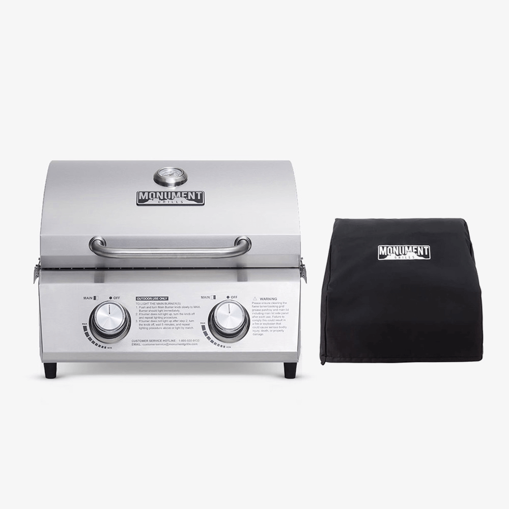 Stainless Tabletop Propane Grill by Monument Grills with dual dials and lid, 2pc set on Tampa Home & Garden Store