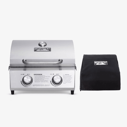Stainless Tabletop Propane Grill by Monument Grills with dual dials and lid, 2pc set on Tampa Home & Garden Store
