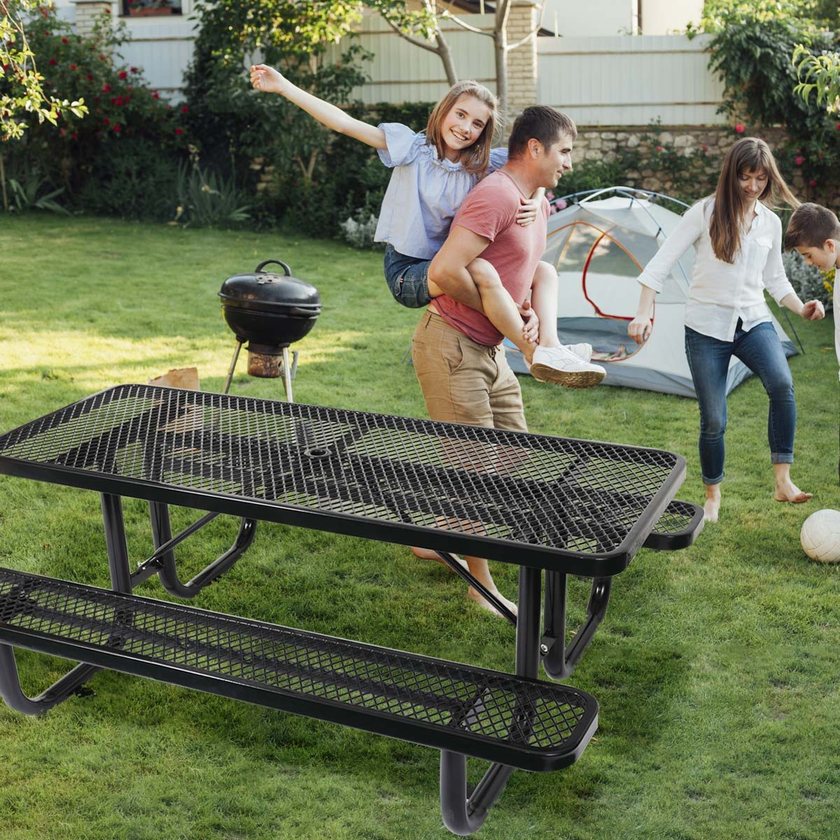 Outdoor Steel Picnic Table and an Umbrella Pole