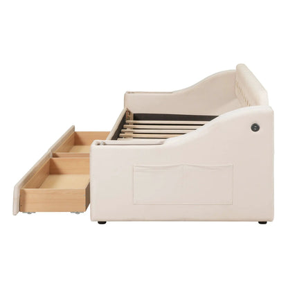 Beige upholstered daybed with storage armrests, USB port, and pull-out wooden drawers on Tampa Home & Garden Store
