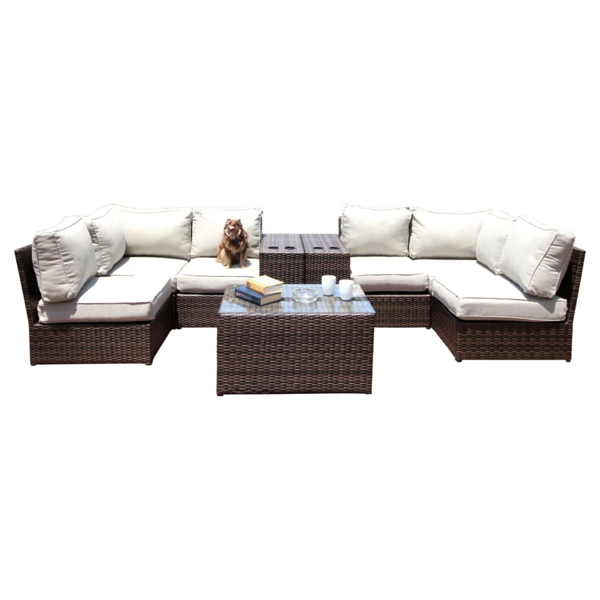 HouseOfZazla beige cushioned rattan sectional outdoor set with dark wicker coffee table on Tampa Home & Garden Store