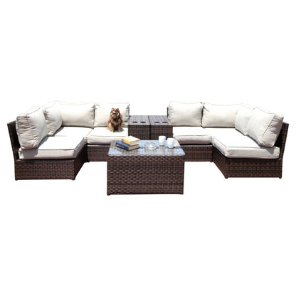 HouseOfZazla beige cushioned rattan sectional outdoor set with dark wicker coffee table on Tampa Home & Garden Store