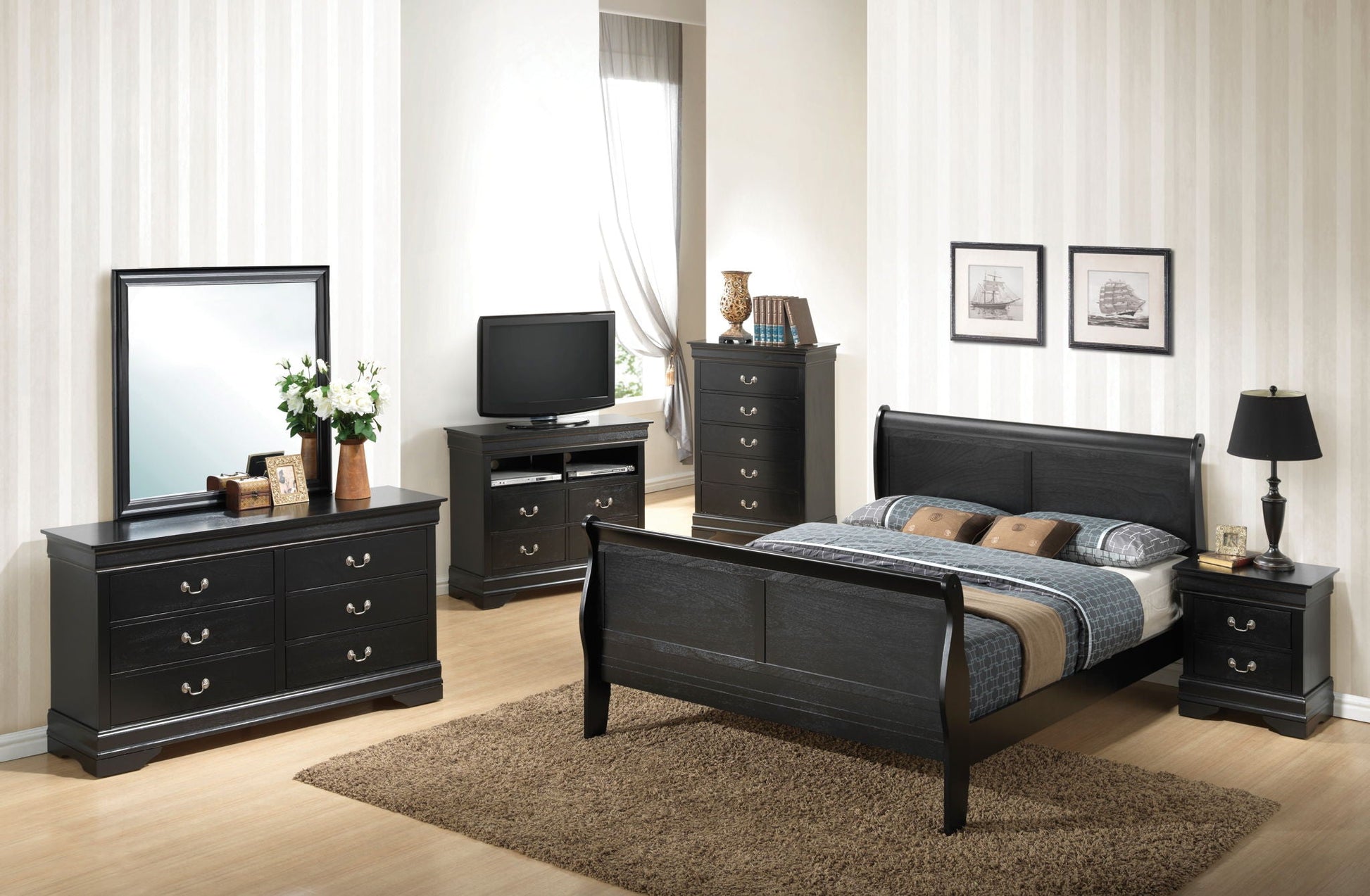 Panel Sleigh Bed by HouseOfZazla in black finish with two matching dressers and nightstands on Tampa Home & Garden Store