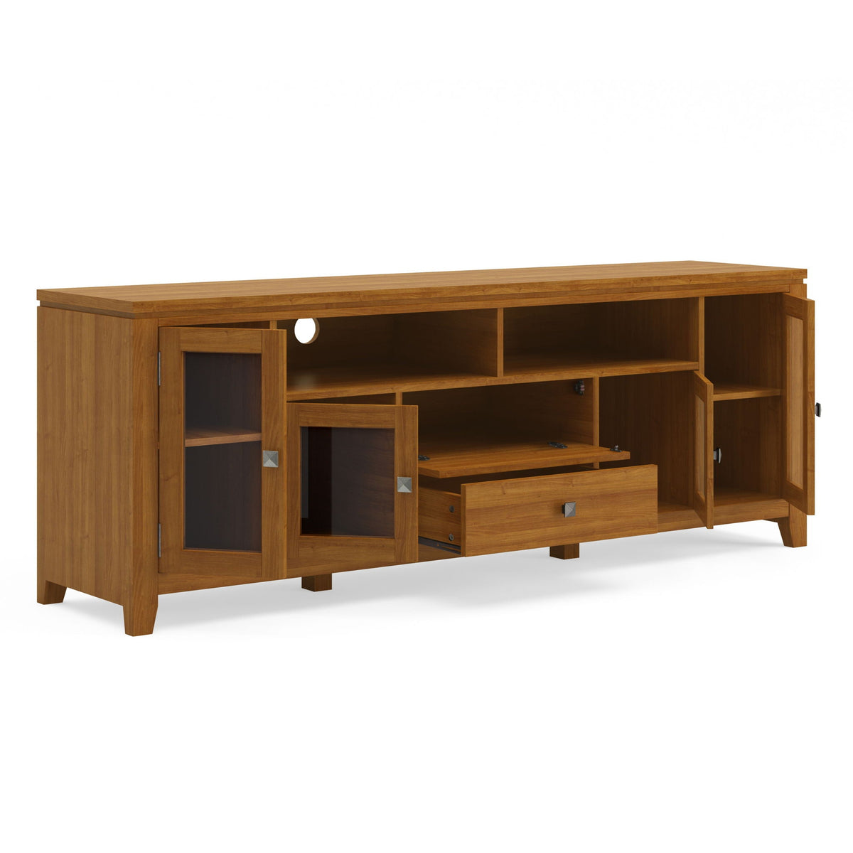 Wide handcrafted solid wood media stand with open shelves and cabinets, natural oak finish on Tampa Home & Garden Store