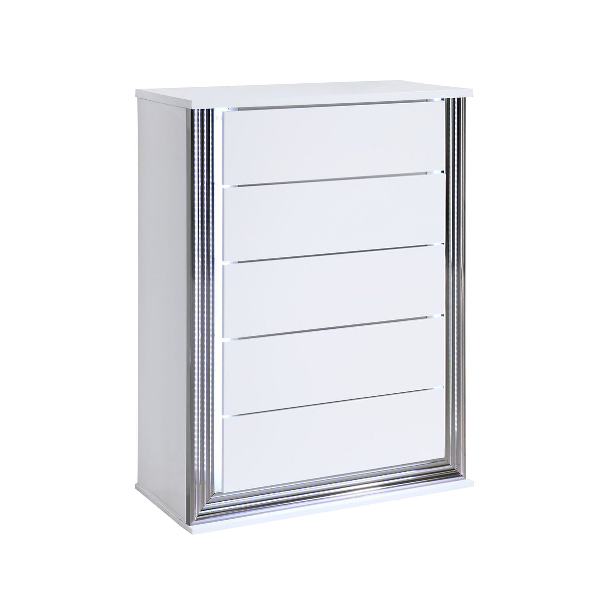 Moon 5 Piece Bedroom Set with LED Accent white dresser chrome framed edges HouseOfZazla on Tampa Home & Garden Store