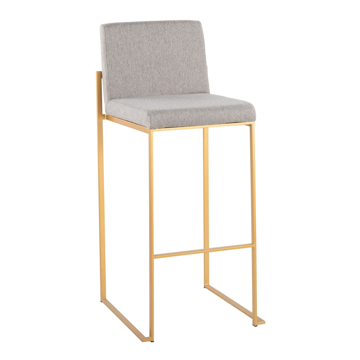 Contemporary high-back barstool with gray upholstered fabric and gold metal frame on Tampa Home & Garden Store
