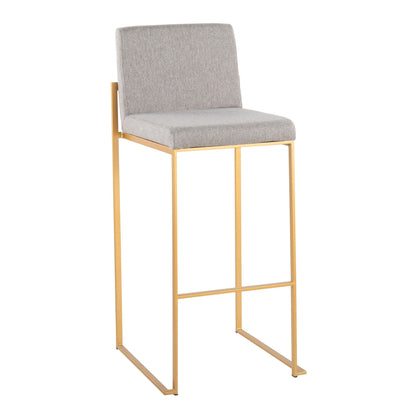 Contemporary high-back barstool with gray upholstered fabric and gold metal frame on Tampa Home & Garden Store