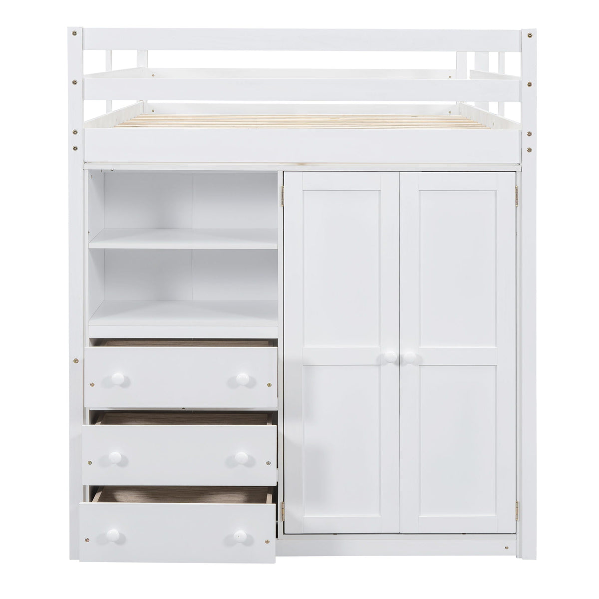 Loft bed with built-in wardrobe and drawers in white, includes shelves and slatted bed base on Tampa Home & Garden Store