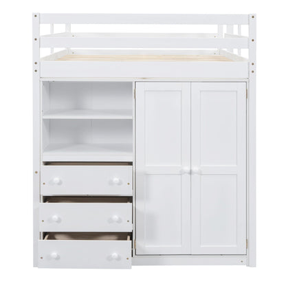Loft bed with built-in wardrobe and drawers in white, includes shelves and slatted bed base on Tampa Home & Garden Store