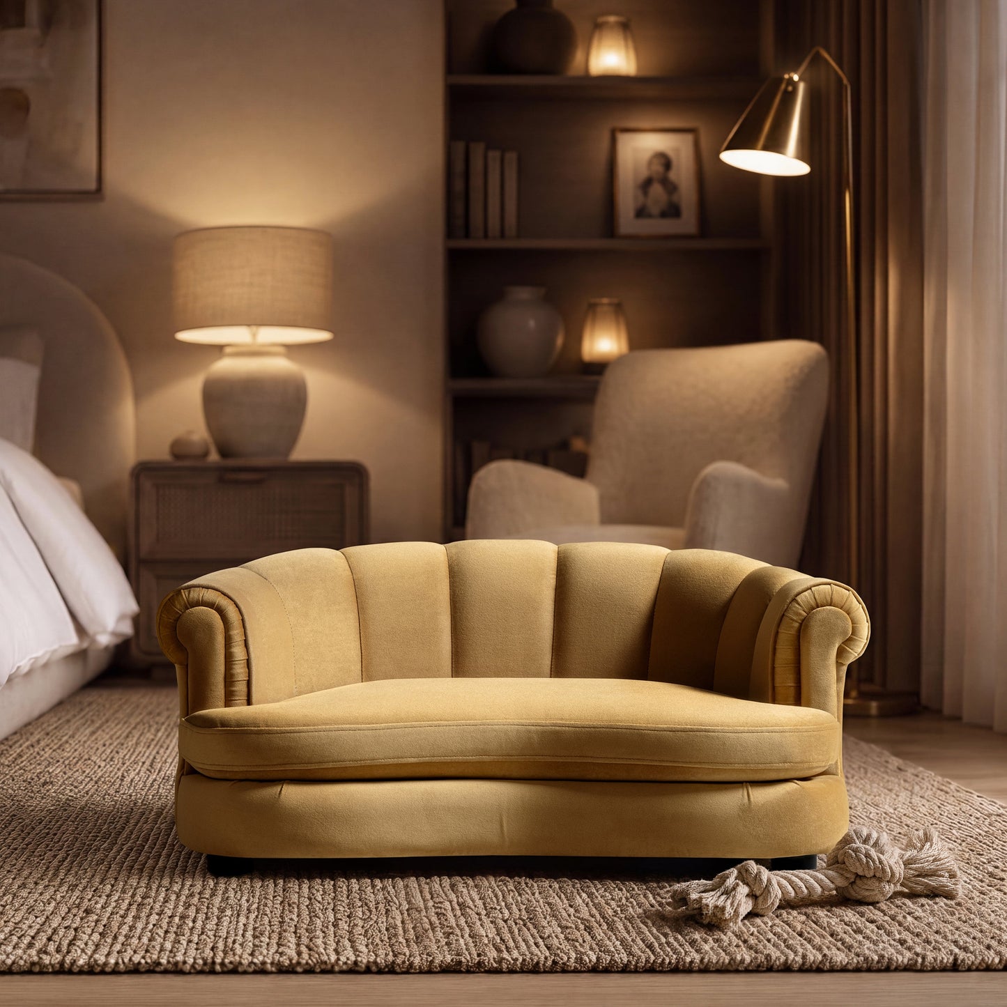 Halle 35.5in Rolled-Arm Channel-Tufted Dog Sofa Bed in beige fabric by HouseOfZazla on Tampa Home & Garden Store