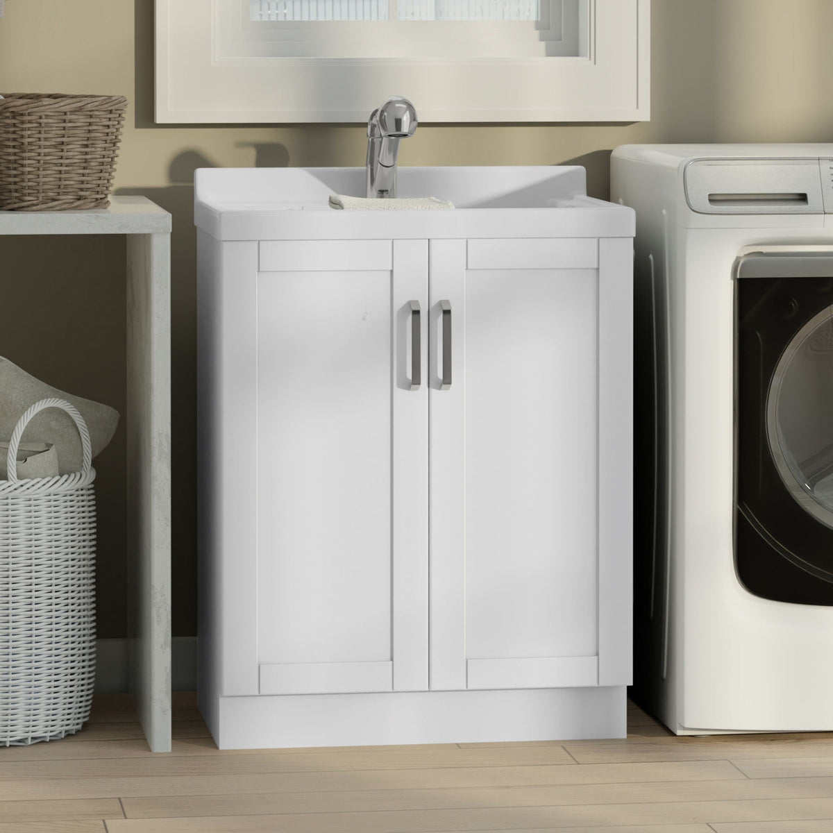 White laundry vanity with stainless steel sink and chrome faucet, HouseOfZazla cabinet beside a washer on Tampa Home & Garden Store