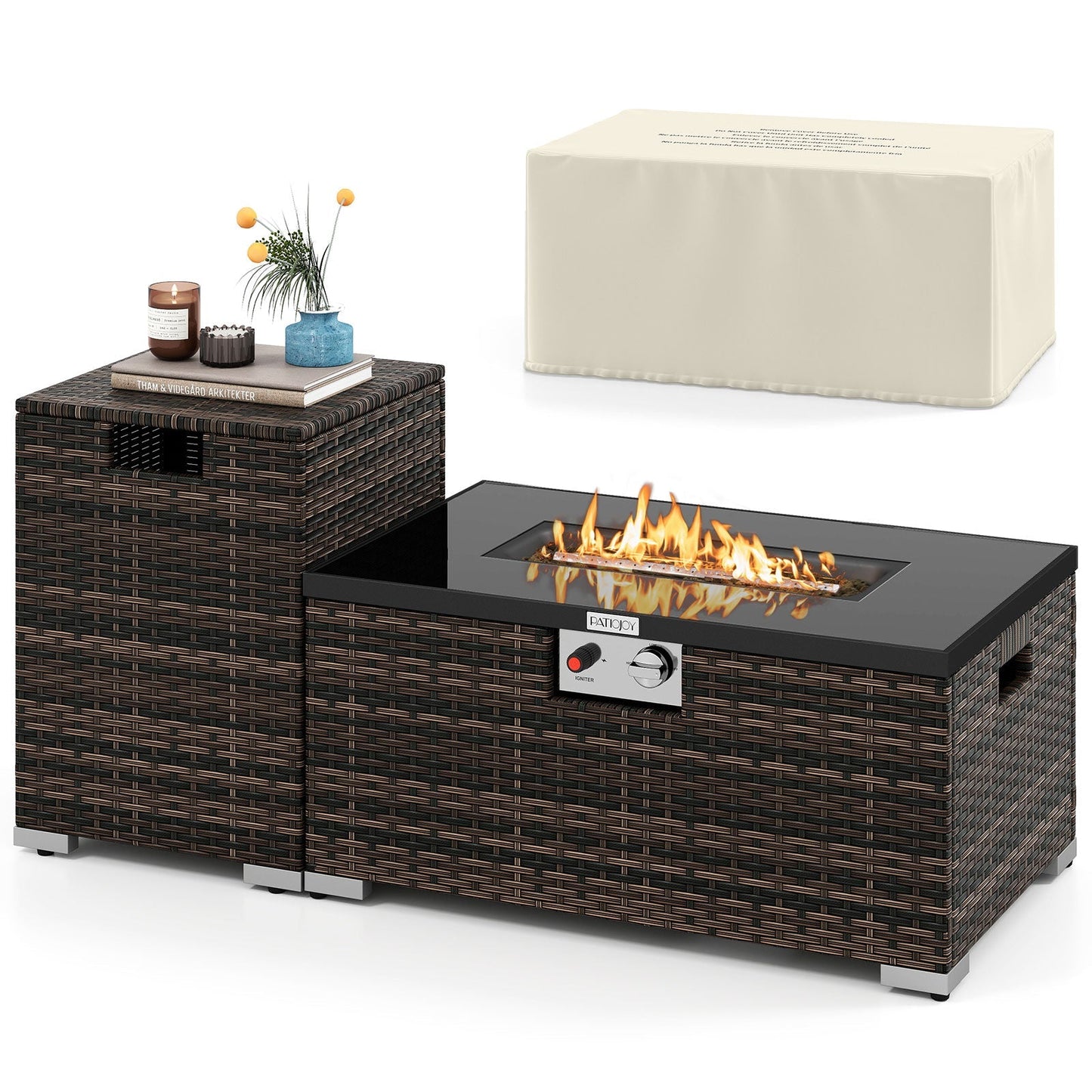 2-Piece rattan fire table set with 32-inch gas fire pit in brown wicker and tank cover PatioJoy on Tampa Home & Garden Store