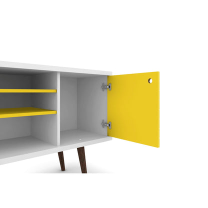 Smart Storage TV Stand with solid wood legs; white cabinet, yellow doors and shelves on Tampa Home & Garden Store