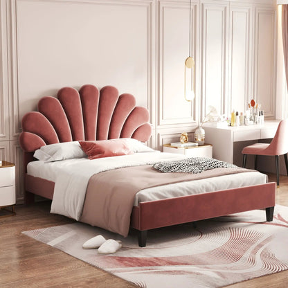 Upholstered Platform Bed With Flower Pattern Headboard pink velvet petals design on Tampa Home & Garden Store
