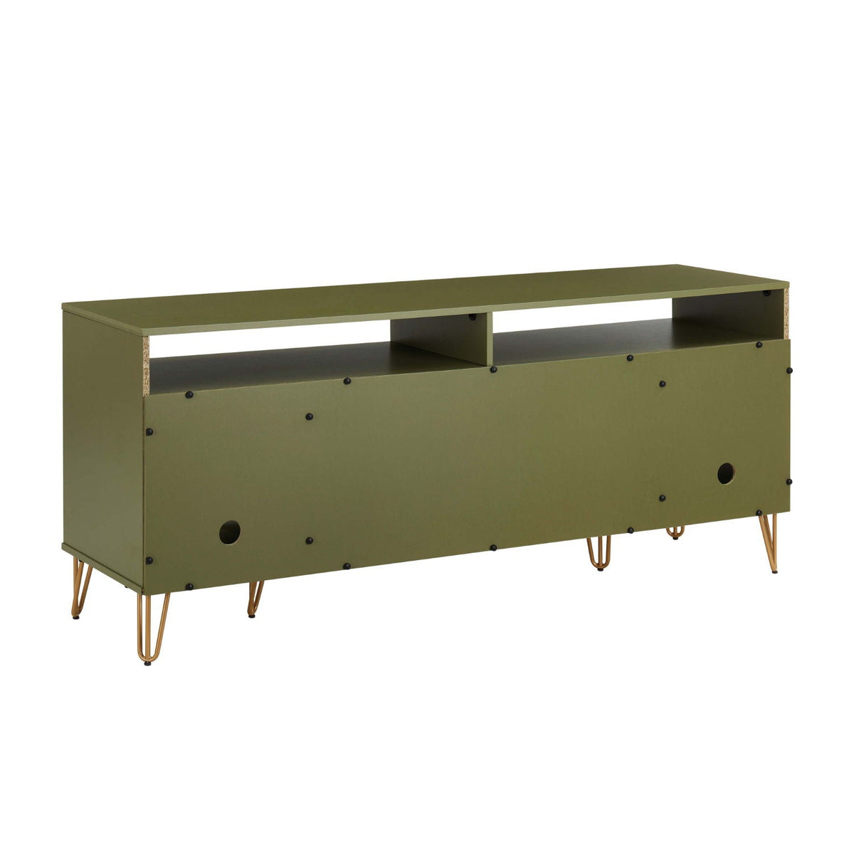Fluted TV stand with storage and metal legs in olive green, HouseOfZazla, two open shelves on Tampa Home & Garden Store