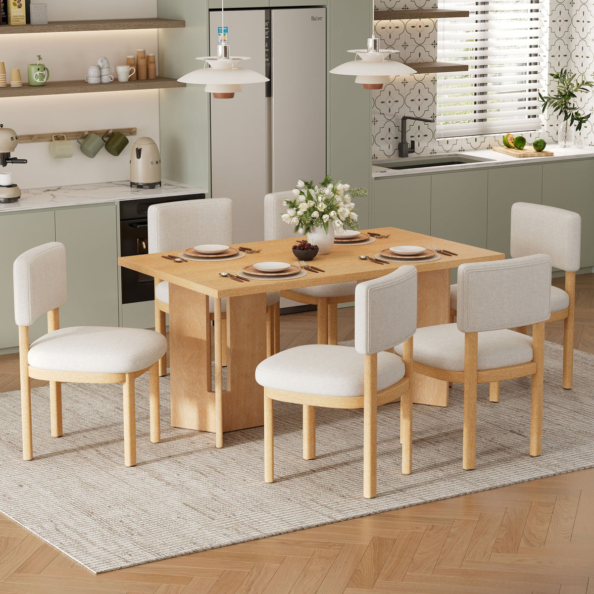 Dining Table Set with Six Upholstered Chairs beige wood legs HouseOfZazla 7pc dining set on Tampa Home & Garden Store