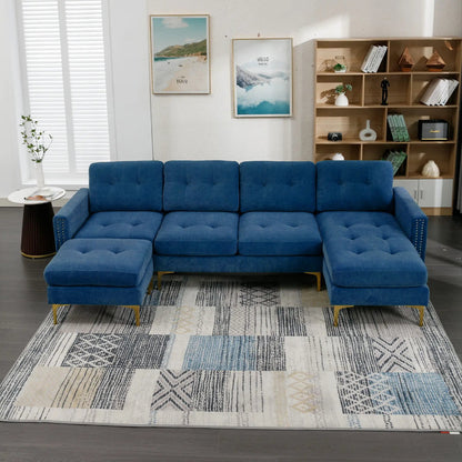 Modern L-Shaped Convertible Sectional Sofa with movable ottoman in blue fabric, 2-piece set on Tampa Home & Garden Store