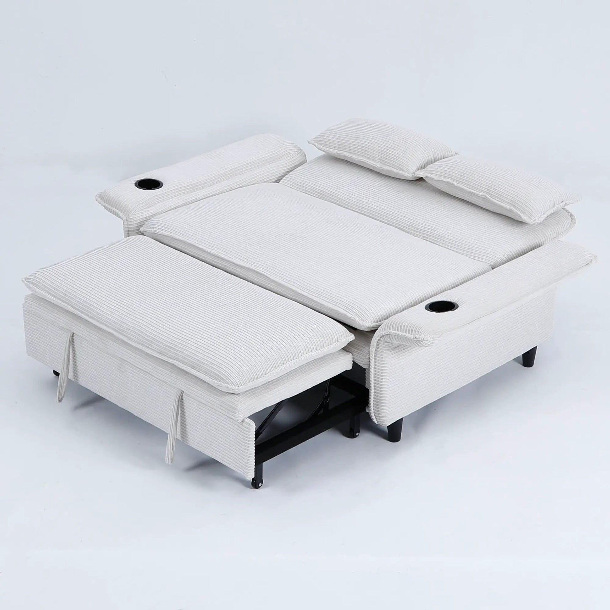 Modern fabric sleeper sofa bed with adjustable arms and backrests in white stripes cup holder on Tampa Home & Garden Store