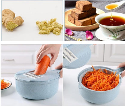 Perfecsy blue 8-in-1 mandoline slicer with grater and strainer in use; carrot shredding shown on Tampa Home & Garden Store