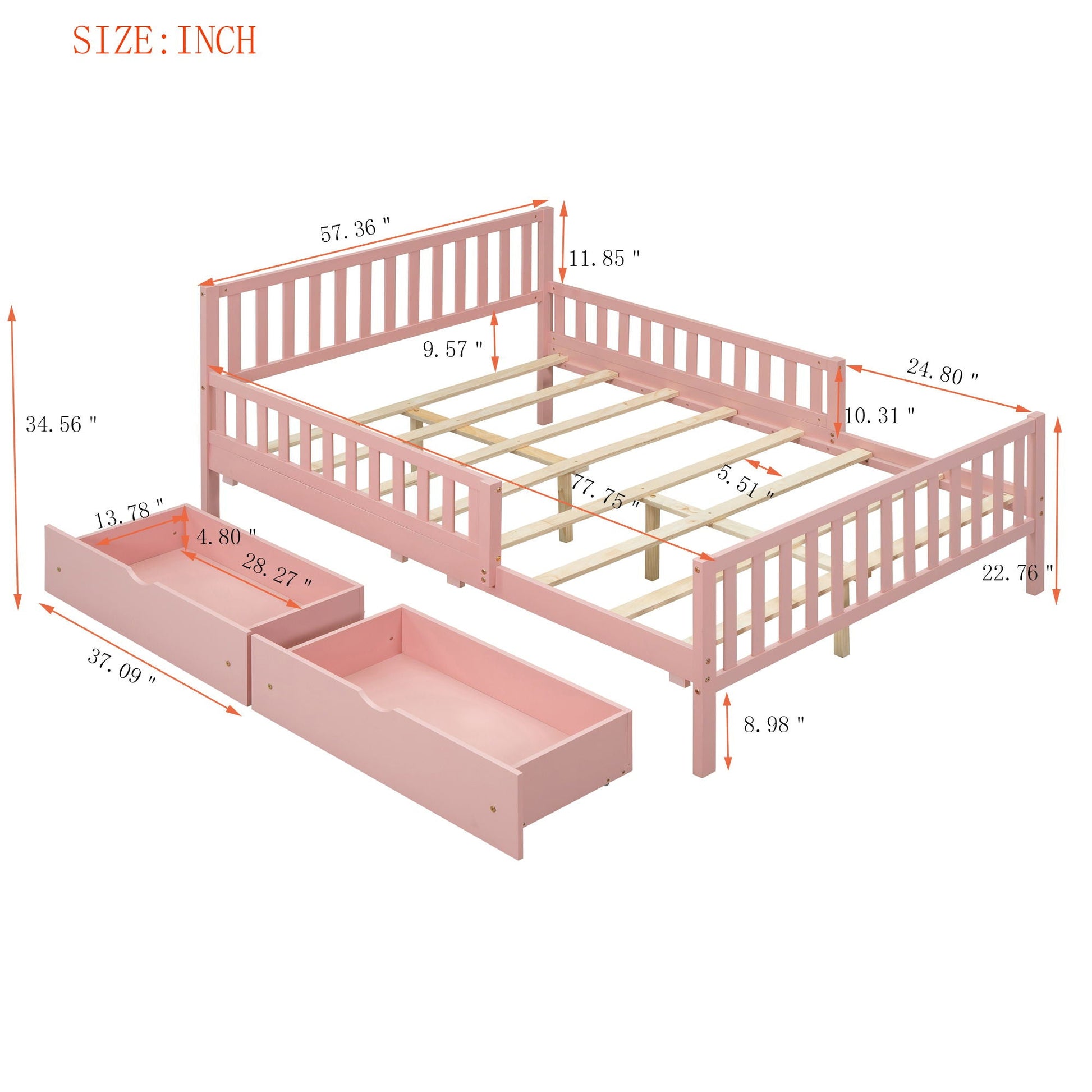 Platform bed with guardrails on both sides, pink finish, 2 storage drawers by HouseOfZazla on Tampa Home & Garden Store