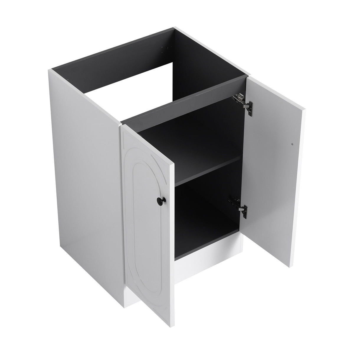 Freestanding bathroom vanity with soft-close doors; two-door cabinet with dark interior on Tampa Home & Garden Store
