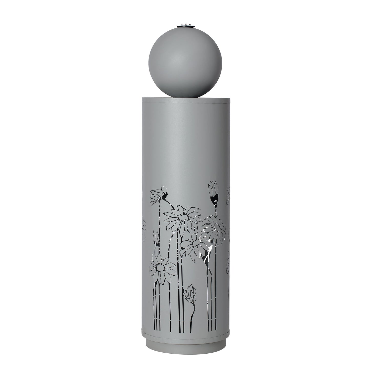 34.25'H light gray metal cutout outdoor fountain with LED lights and floral pattern on Tampa Home & Garden Store