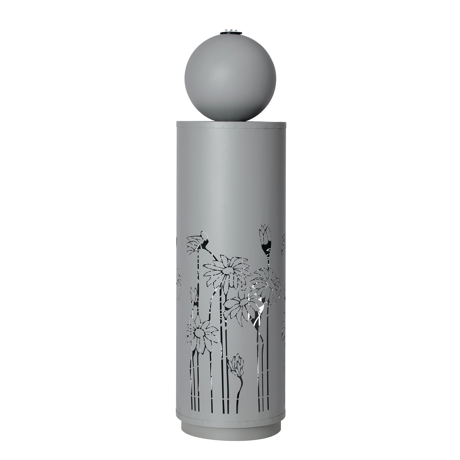 34.25'H light gray metal cutout outdoor fountain with LED lights and floral pattern on Tampa Home & Garden Store
